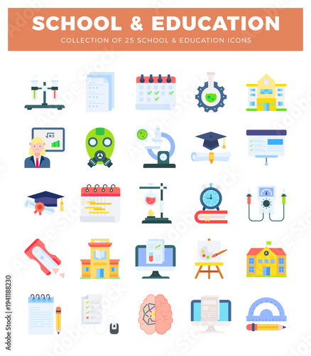 School and education icons. a diverse collection of flat graphic elements on white background.