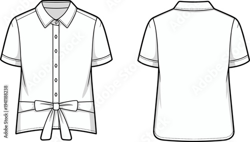 Women, button, blouse, technical, fashion, drawing, front, back, view, short, sleeve, waist, tie, casual, apparel, garment, template, outline, vector, illustration