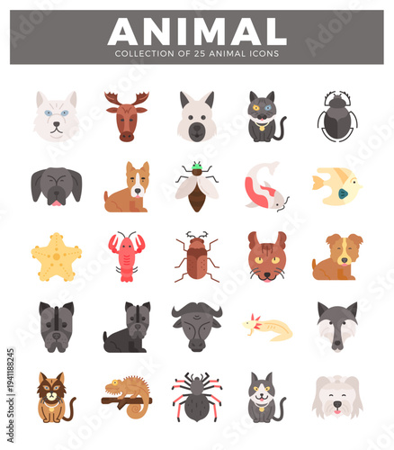 Vector animal icon collection with diverse species in flat design on white background