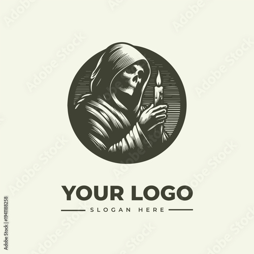 A grayscale illustration of a hooded skeleton holding a candle, with a circular frame and text space for a logo and slogan on a plain background, in a vintage engraving style.