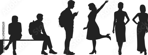 People silhouettes collection, men and women standing sitting walking, student with backpack using phone, casual lifestyle characters illustration