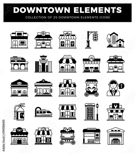Collection of downtown elements icons in black and white