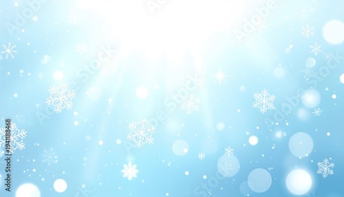 A light blue and white abstract image of snowflakes and bokeh effects, suggesting winter ambiance. Bright light shines from the top