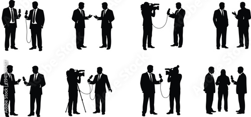 Media interview silhouettes with microphones, cameras, reporters, active dialogue, professional journalism, communication and news interaction illustration