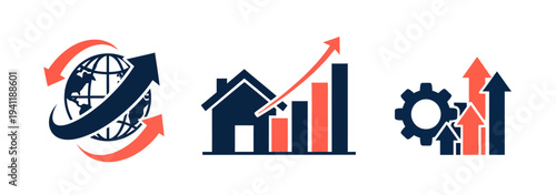 Business growth flat vector icon set featuring globe house and gear with arrows symbolizing global expansion and real estate market increase