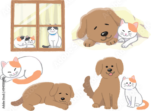 ル	のんびり過ごす犬と猫のイラストセット