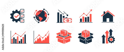 Business finance flat vector icon set featuring growth charts and logistics boxes symbolizing global economic data analytics