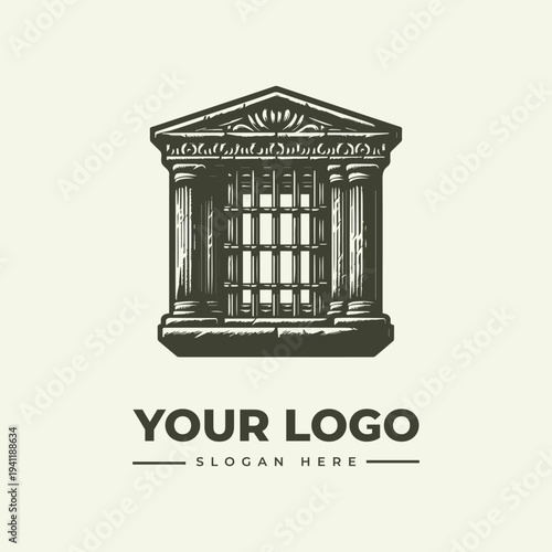 A vintage engraving-style illustration of a building facade with columns and a triangular pediment, featuring a logo placeholder with a slogan area below.