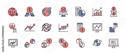 Collection of flat outline icons for finance investment and global economy concept featuring graphs dollar signs and data analysis tools