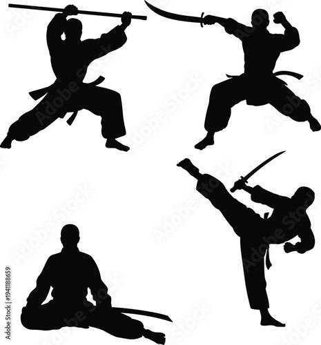 Samurai warrior silhouettes set, martial arts fighters with swords in combat poses, Japanese ninja fighting action vector collection