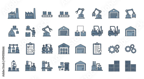 Flat vector icon set of industrial manufacturing logistics and warehouse symbolizing automated factory production and supply chain management