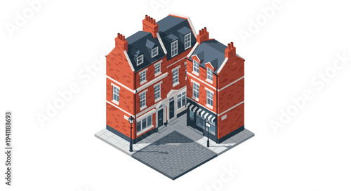 Isometric red brick building with street lamps and sidewalk in urban setting