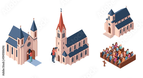 Isometric church scenes: worship, architecture, community gatherings