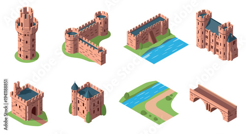 Isometric medieval castles and structures with river and bridge elements