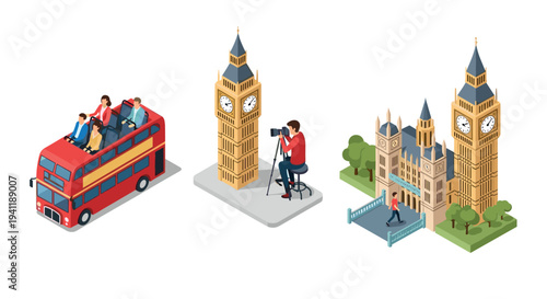 Isometric london landmarks with tourists, big ben, and photographer scene