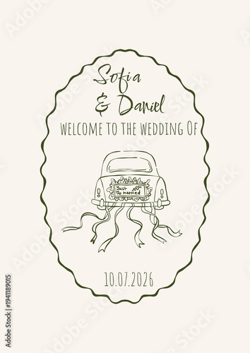 Retro wedding invitation. Wedding hand dawn ceremony card. Elegant line art minimalist sketch.
