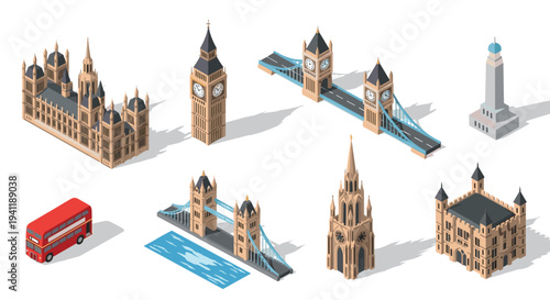 Iconic london landmarks collection in isometric style featuring historic architecture and landmarks