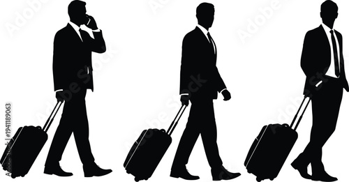 Silhouette of professional business men walking with suitcases and talking on phone for business travel, airport commute, and corporate trip concept.