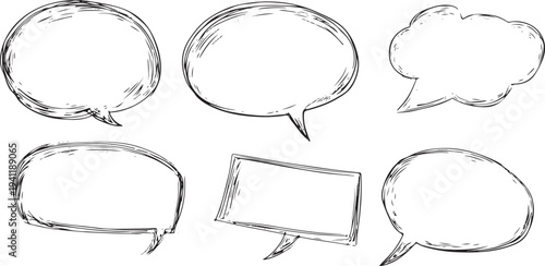 Six hand drawn black and white speech bubbles talk bubble