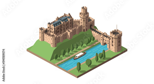 Isometric medieval castle with river and boat on green landscape