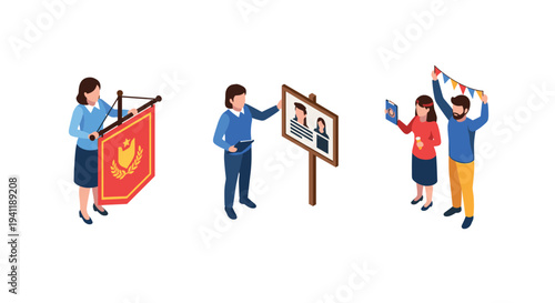 Isometric people engaged in education and communication activities