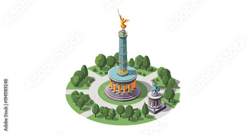 Isometric view of a monumental victory column with surrounding trees and pathways