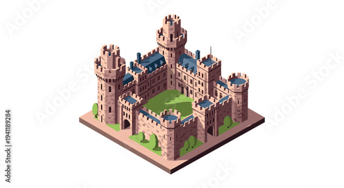 Isometric medieval castle with towers and courtyard on white background
