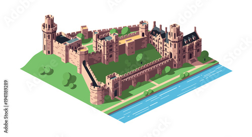 Isometric medieval castle by the river with green landscape and towers