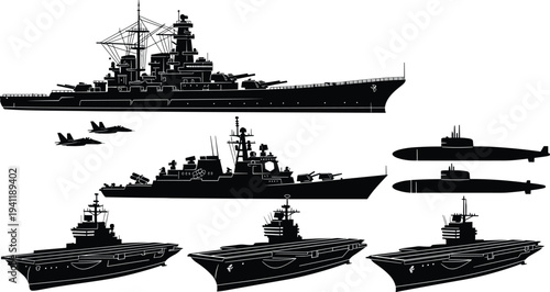 Military battleship, aircraft carrier, submarine, destroyer, cruiser, fighter jet silhouettes, naval fleet warship vector illustration, maritime defense graphic design