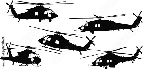 Military helicopter silhouettes in flight, aviation design, aircraft motion, rotor blades, defense concept, air transport, aviation illustration, tactical operation, aerial perspective