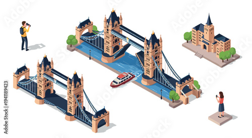 Isometric london bridge landmark with tourists and river boat on white background