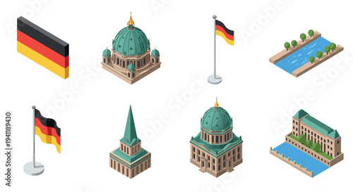 Isometric icons of german architecture and flags in a modern design