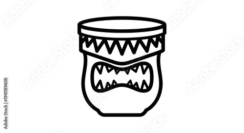 Stylized black outline drawing of an ancient tropical ritual vessel with fierce tribal teeth