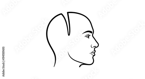 Minimalist black and white line art depicting human head profile with distinct conceptual split