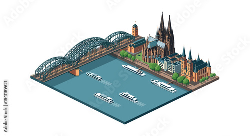 Isometric cityscape with bridge, river, boats, and gothic cathedral