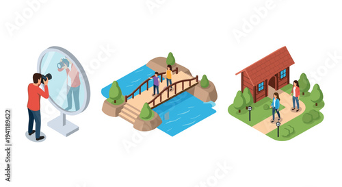 Isometric outdoor activities: photography, park walks, and scenic bridge views