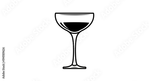 Elegant minimalist black and white icon of a classic cocktail or wine glass filled with liquid