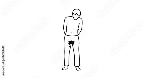 Minimalist outline drawing of a person experiencing a bladder control issue with visible wet pants