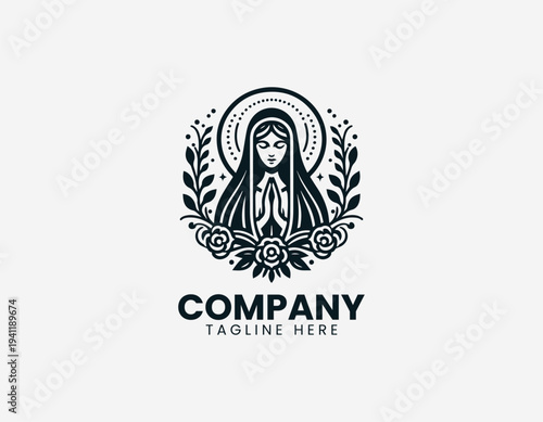 Praying woman with halo and floral vines in clean modern spiritual vector illustration