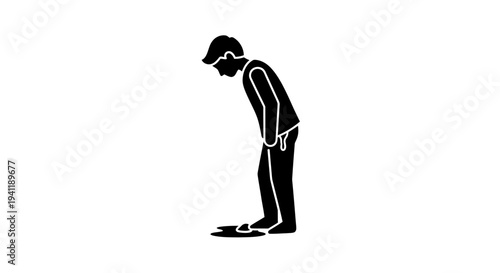 Silhouette of a man bending down, observing a small puddle on the ground, depicting sickness or