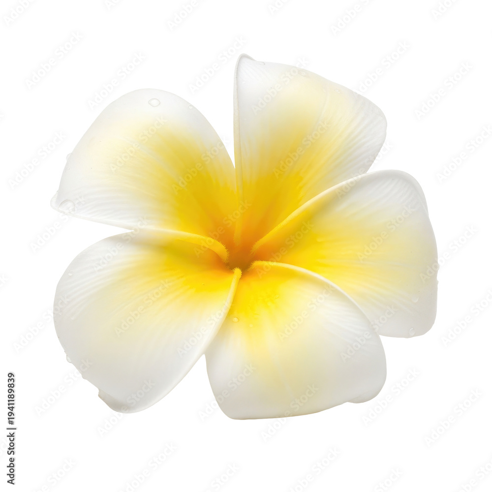 Fototapeta premium Delicate white and yellow plumeria flower with water droplets isolated on a transparent background