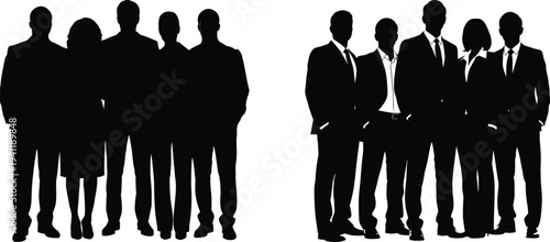 Two groups of business people standing together in formal attire  silhouettes on white background