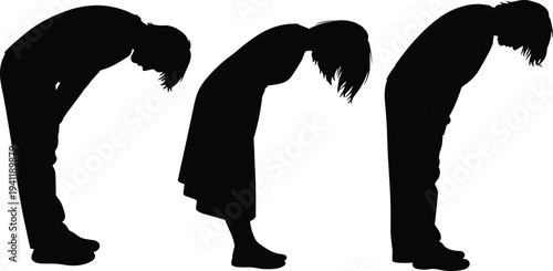 Silhouette people bent forward posture, emotional gesture concept, fatigue sadness illustration, minimalist art, human body language representation, introspection study