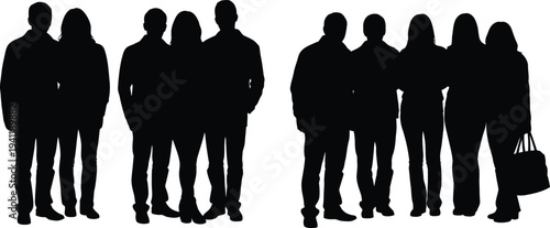 Silhouettes of people standing in groups looking ahead  various poses and outfits