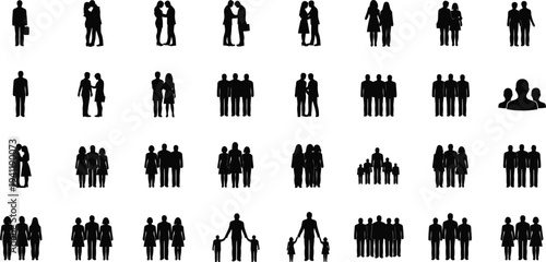 Collection of various black silhouettes of people standing in different poses and groups on white background