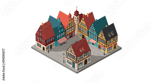 Charming isometric medieval town with colorful half-timbered houses