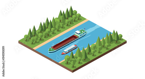 Isometric river transport scene with cargo and passenger boats