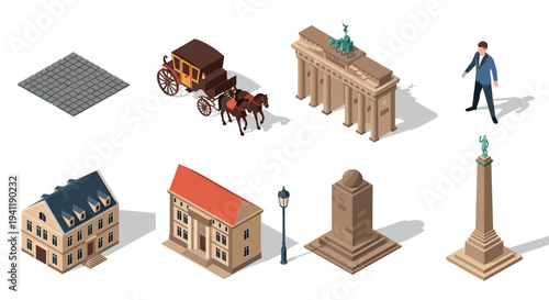 Isometric historical icons collection: architecture, monuments, and vintage transport