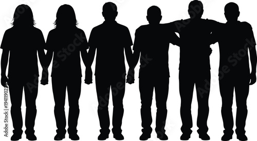 Silhouette of a group of people standing together in a line holding hands