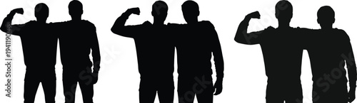 Silhouette of four men standing back to back showing biceps in strong poses side by side